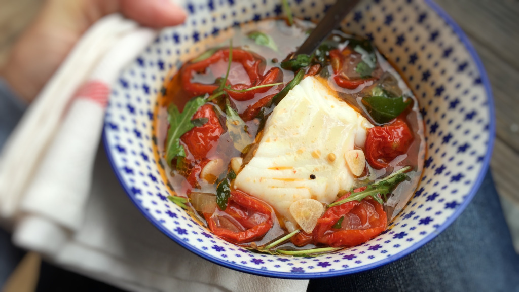 Sun Dried Tomato Soup with Codfish