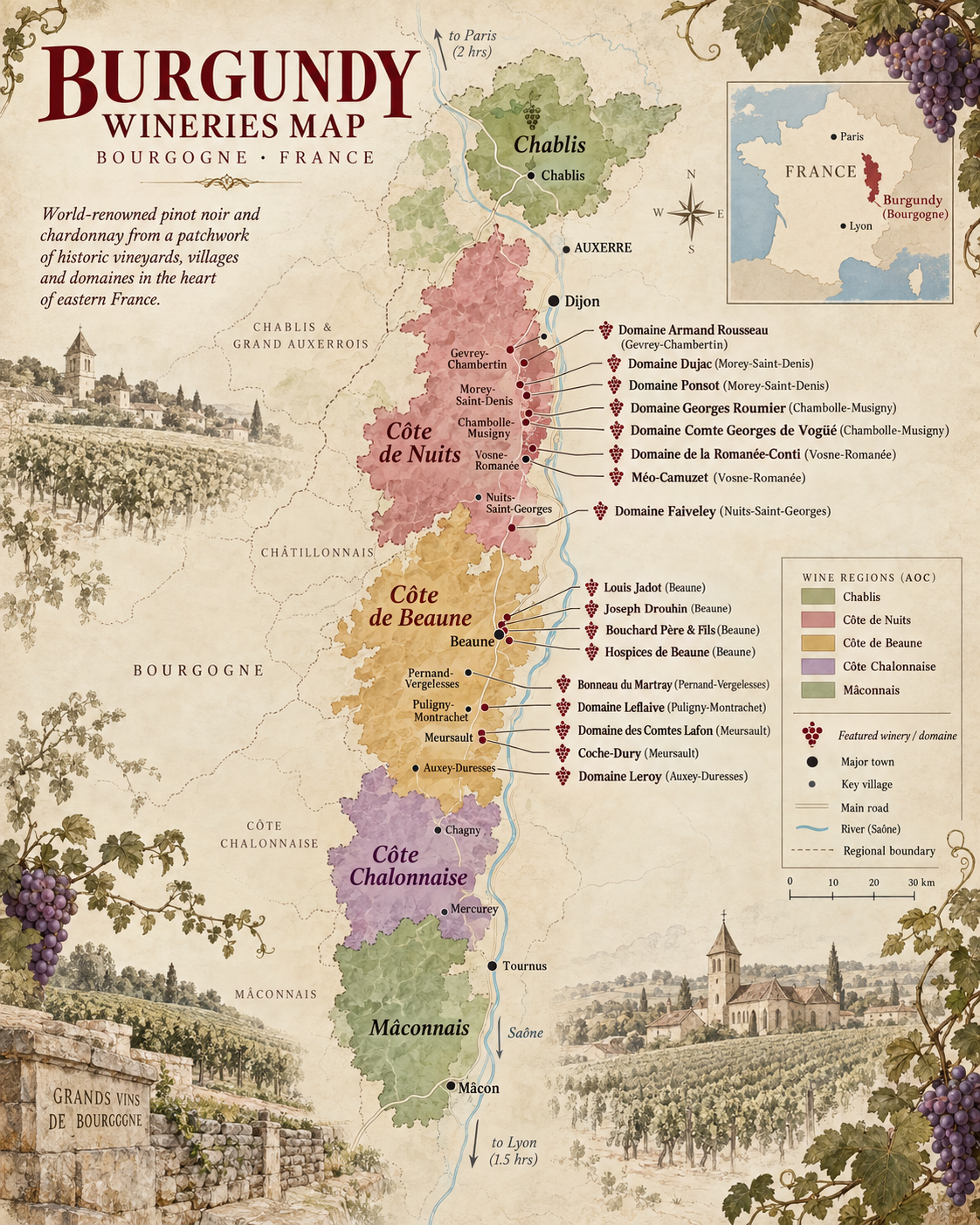 Illustrated map of Burgundy wine regions in France showing Chablis, Côte de Nuits, Côte de Beaune, Côte Chalonnaise and Mâconnais, with major towns, key villages and notable wineries