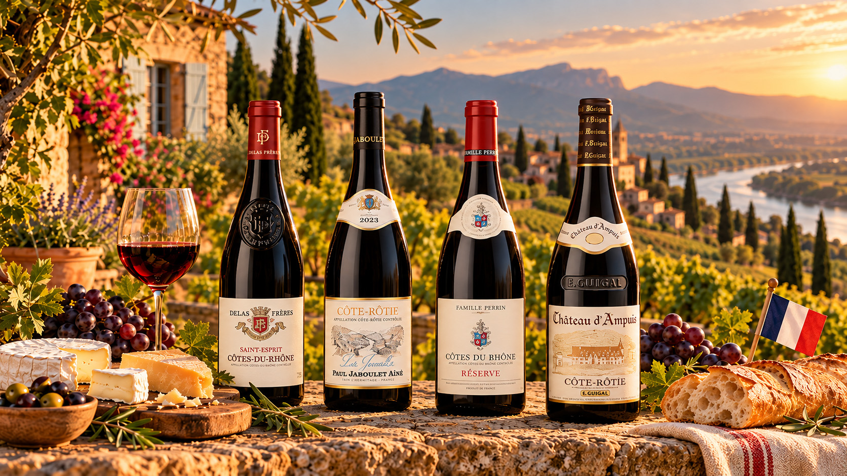 Some of France’s best-known Côtes du Rhône wine producers: Delas Frères, Paul Jaboulet Aîné, Famille Perrin and E. Guigal.