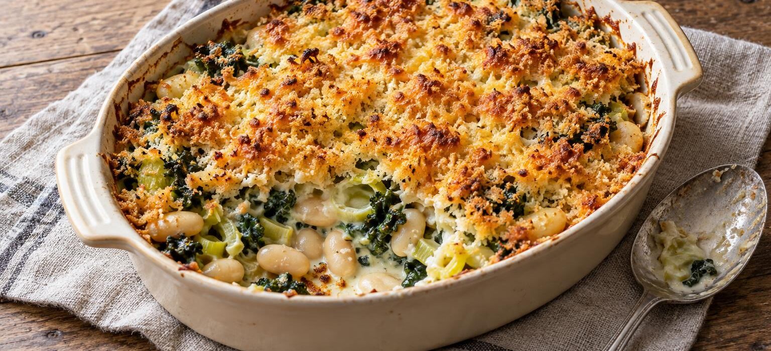 Leek, kale and butter bean gratin with golden Cheddar crumbs in a ceramic baking dish