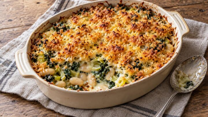 Leek, kale and butter bean gratin with golden Cheddar crumbs in a ceramic baking dish