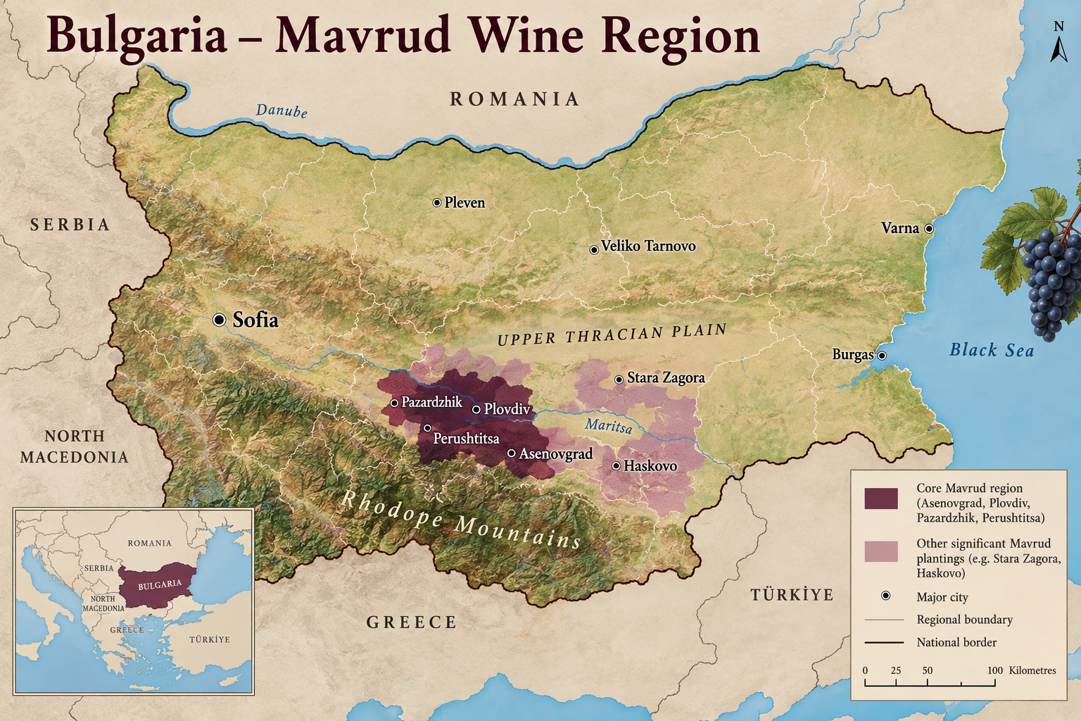 Map of Bulgaria showing the main Mavrud wine-growing region around Asenovgrad, Plovdiv, Pazardzhik and Perushtitsa.