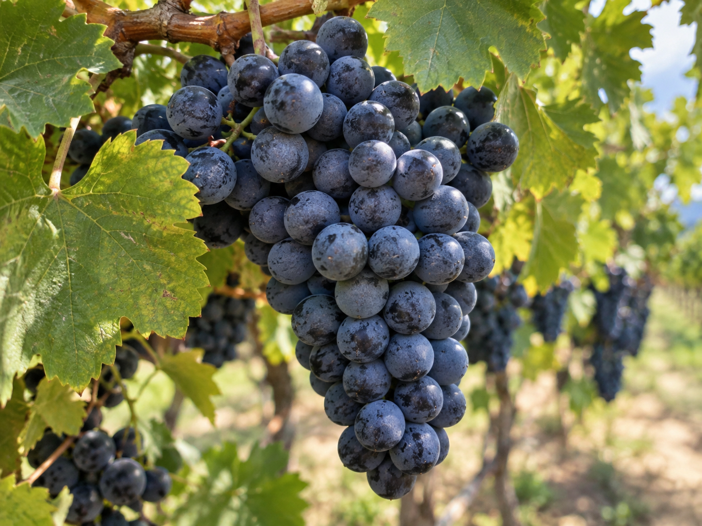 Ripe Mavrud grapes on the vine, the historic Bulgarian red variety