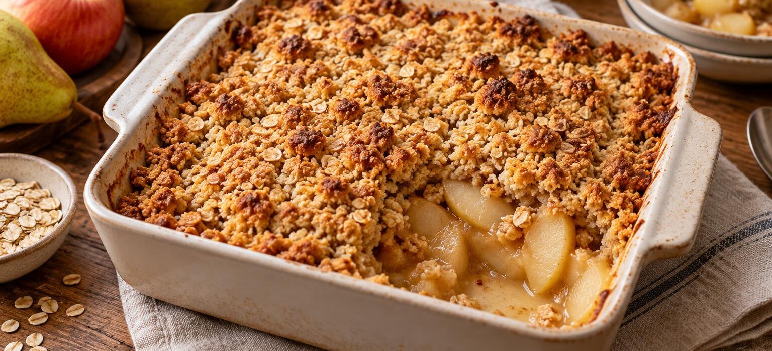 Pear and apple ginger crumble with a golden oat topping in a ceramic baking dish, with a portion scooped out to reveal the tender fruit.