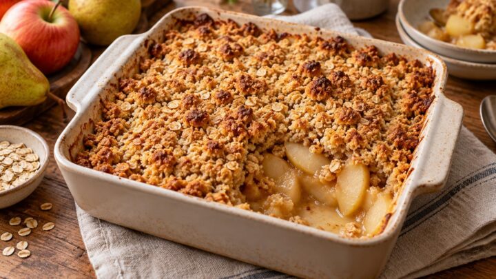 Pear and apple ginger crumble with a golden oat topping in a ceramic baking dish, with a portion scooped out to reveal the tender fruit.