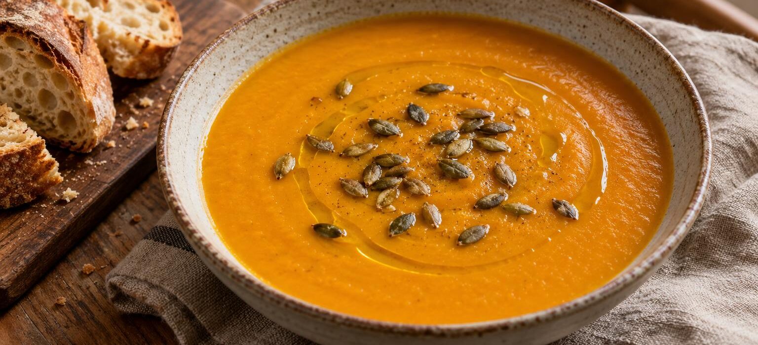 Roasted Pumpkin and Red Lentil Soup in a rustic bowl with toasted pumpkin seeds, olive oil and crusty bread