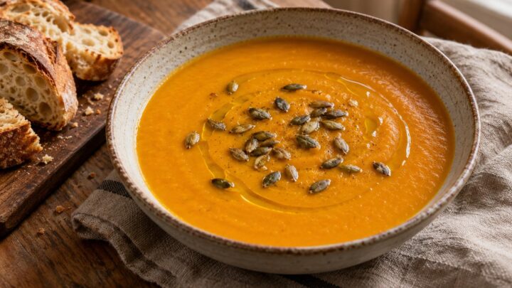 Roasted Pumpkin and Red Lentil Soup in a rustic bowl with toasted pumpkin seeds, olive oil and crusty bread