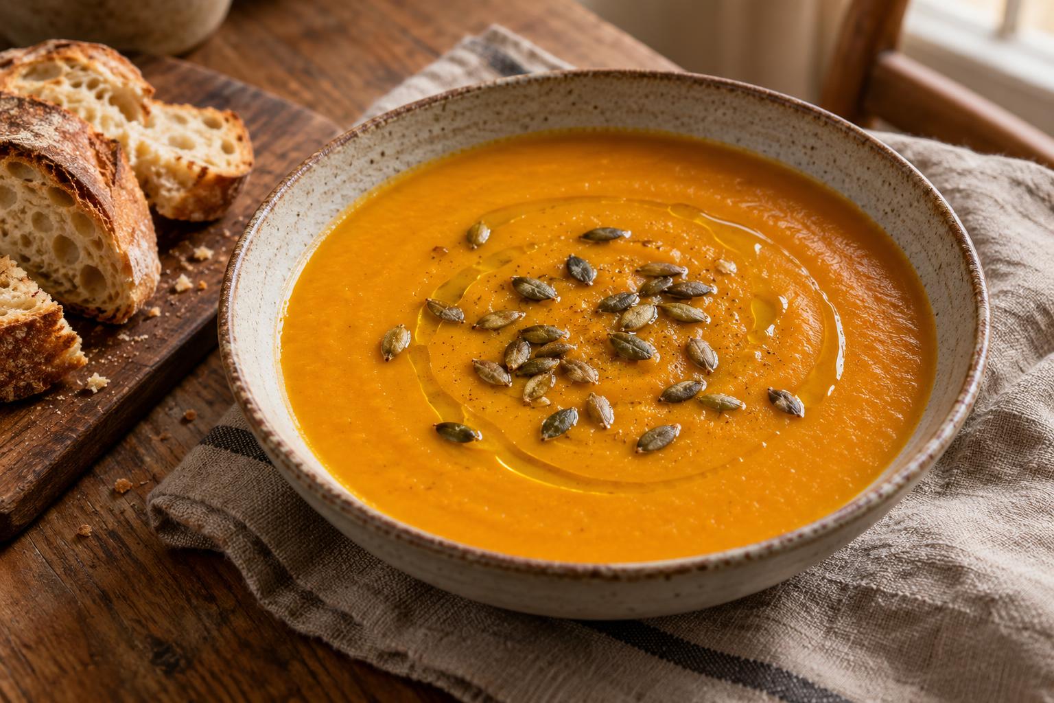 Roasted Pumpkin and Red Lentil Soup in a rustic bowl with toasted pumpkin seeds, olive oil and crusty bread